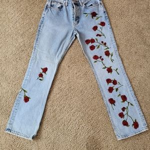 Denim wide legged jeans with embroidered beaded roses